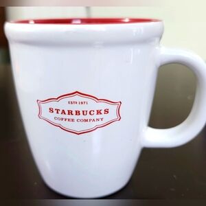 2006 Starbucks Abbey 13oz. Coffee Mug Cup White w/ Red Burgundy Interior & Logo
